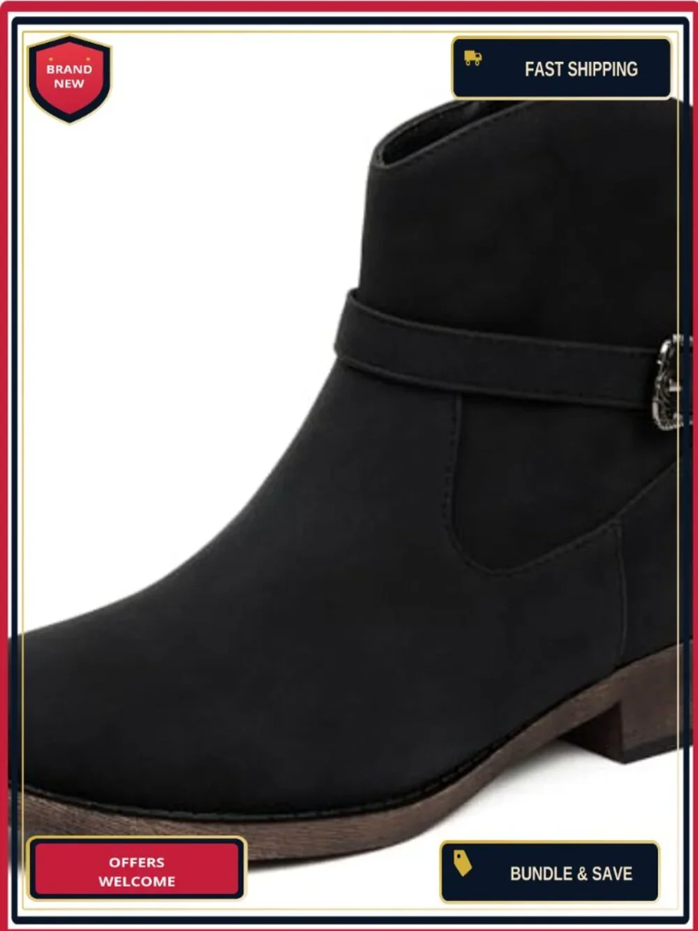 Faux Leather Ankle Boots Low Chunky Heel Side Zipper Western Cowboy Round Toe